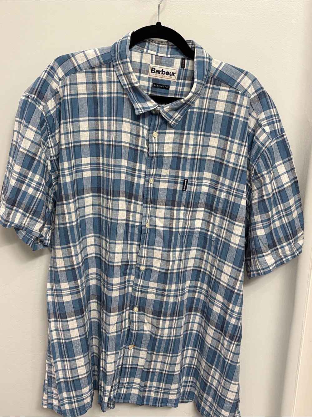 Barbour Blue and White Plaid Short Sleeve Button-Down Shirt